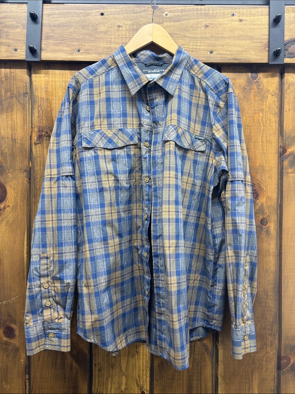 Columbia Blue and Tan Plaid Button-Down Shirt
